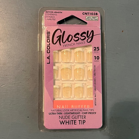 LA Colors Glossy Nude/French Glitter White Tip Short Artificial Nails,no glue - Picture 2 of 8